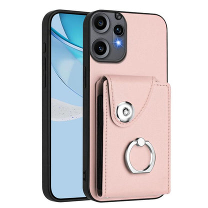 Pink phone case with card slot, snap flap, and metal ring holder