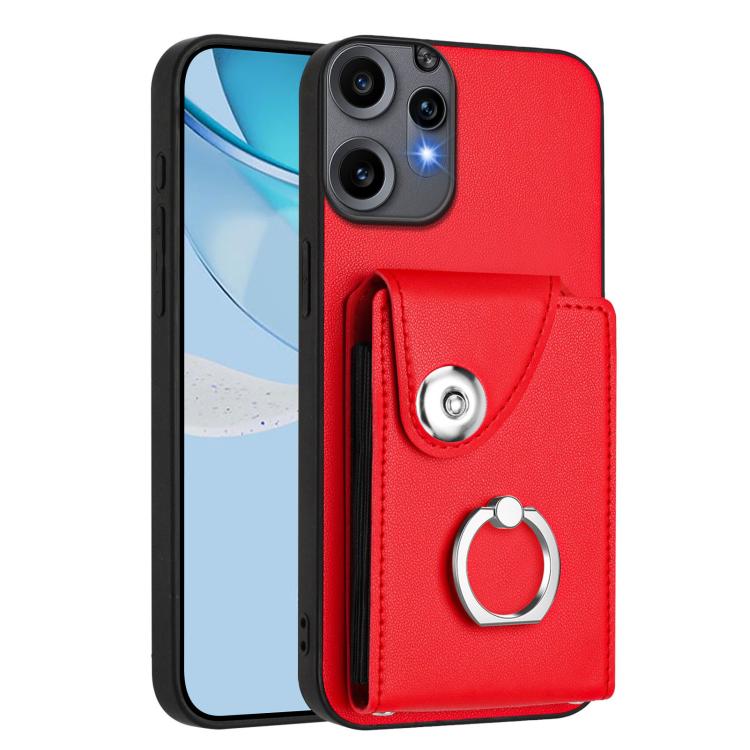 Red card holder phone case with finger ring strap and camera cutouts