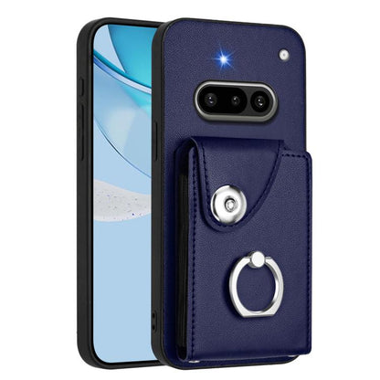 Dark blue card holder phone case with finger ring strap and camera cutouts