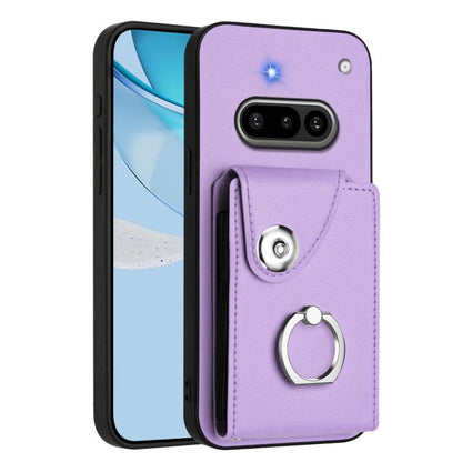 Lavender card holder phone case with finger ring strap and camera cutouts