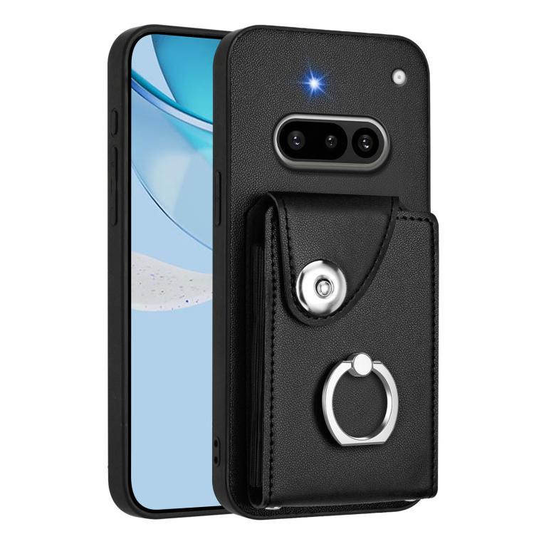 Black card holder phone case with finger ring strap and camera cutouts