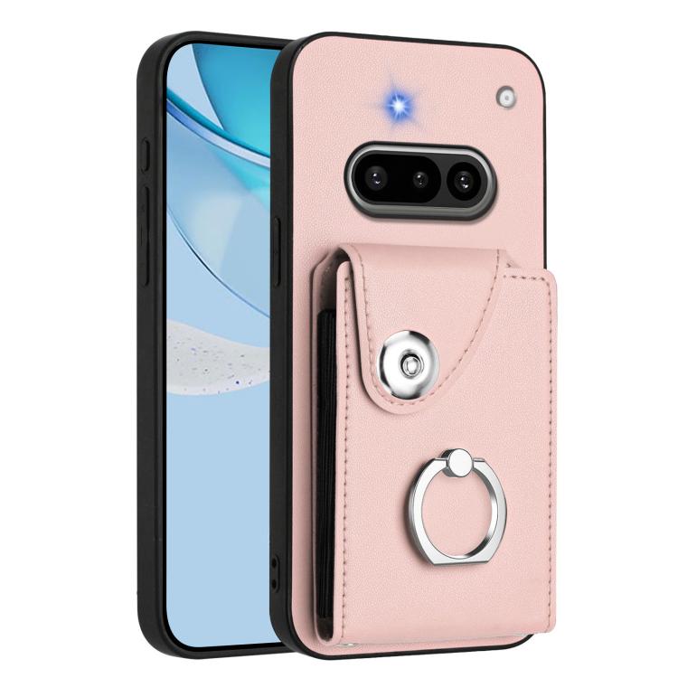 Pink card holder phone case with finger ring strap and camera cutouts