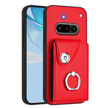 Red card holder phone case with finger ring strap and camera cutouts