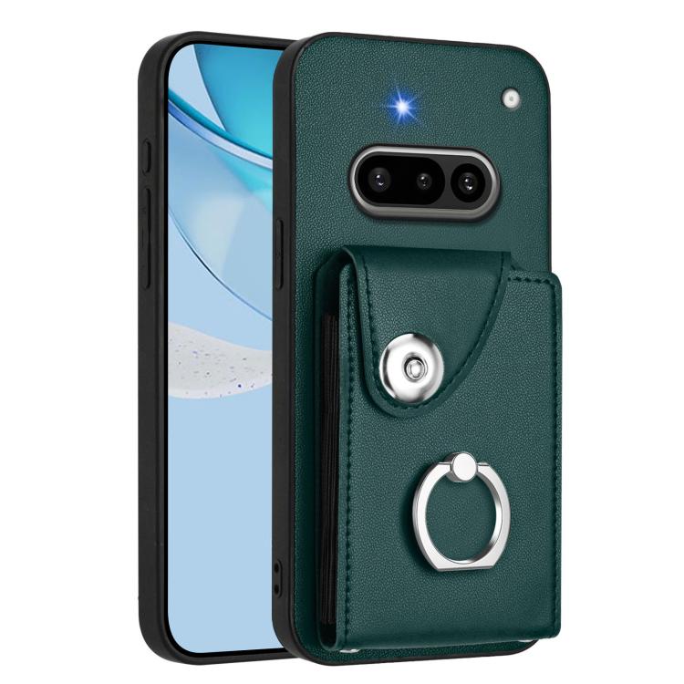 Green card holder phone case with finger ring strap and camera cutouts
