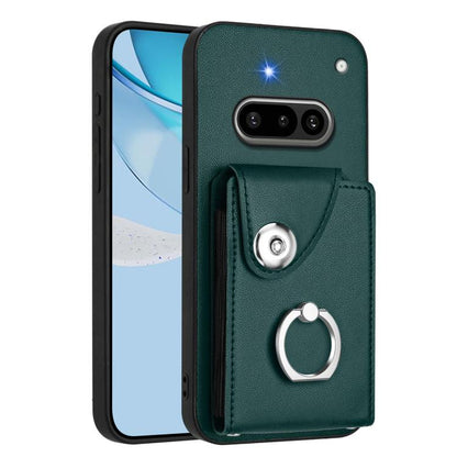 Green card holder phone case with finger ring strap and camera cutouts
