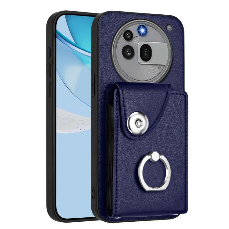 Dark blue card holder phone case with finger ring strap and camera cutouts