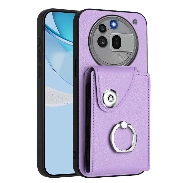 Lavender card holder phone case with finger ring strap and camera cutouts