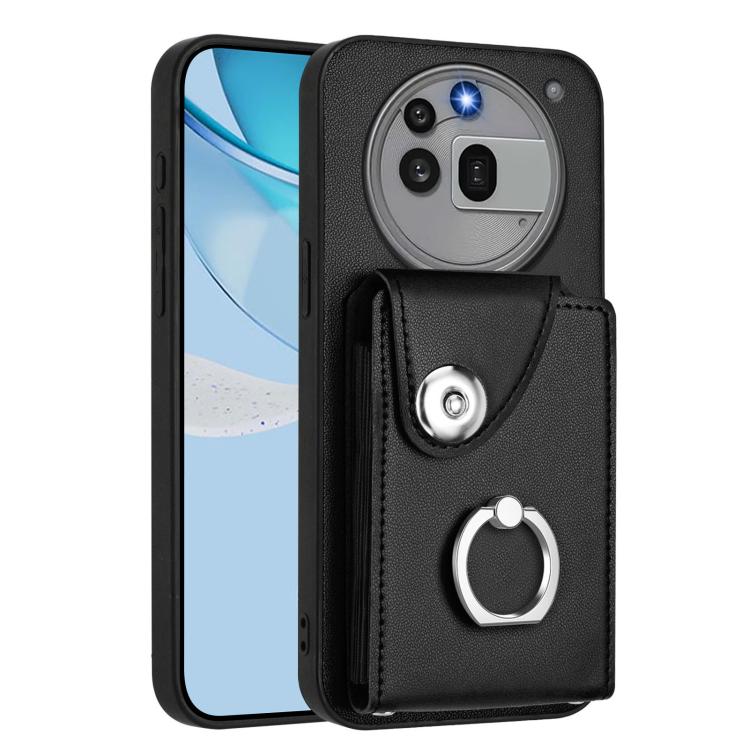 Black phone case with card holder and metal ring grip on the back