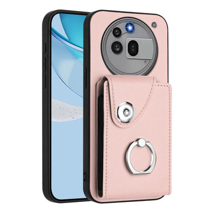 Pink phone case with card holder and metal ring grip on the back