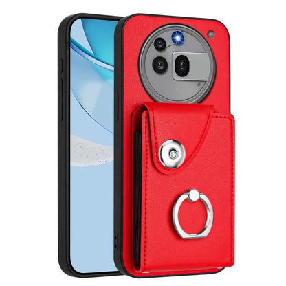 Red phone case with card holder and metal ring grip on the back