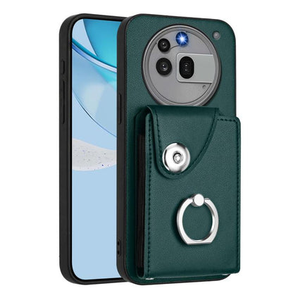 Green phone case with card holder and metal ring grip on the back