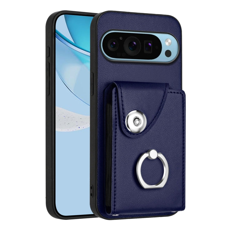 Navy phone case with card holder flap and metal ring stand, rear camera cutout