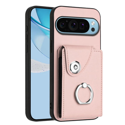 Pink phone case with card sleeve and metal ring holder