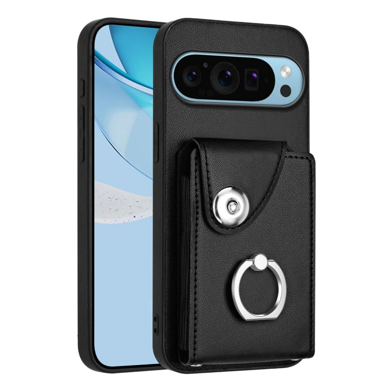 Black leather-style phone case with card sleeve and metal ring grip