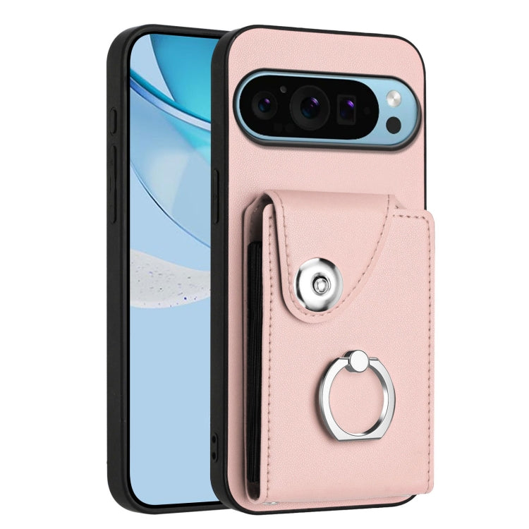 Pink leather-style phone case with card sleeve and metal ring grip