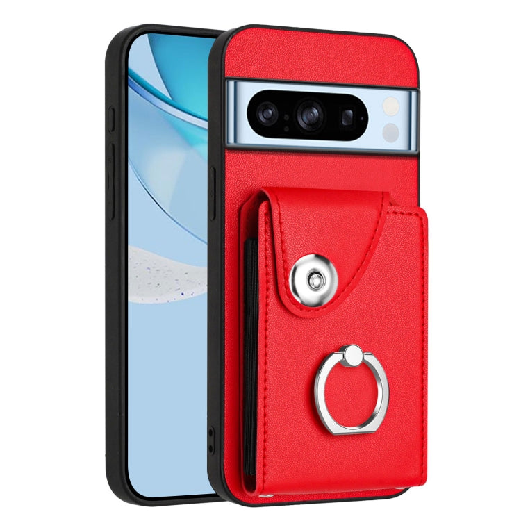 Red phone case with card holder pocket and metal ring attachment for grip