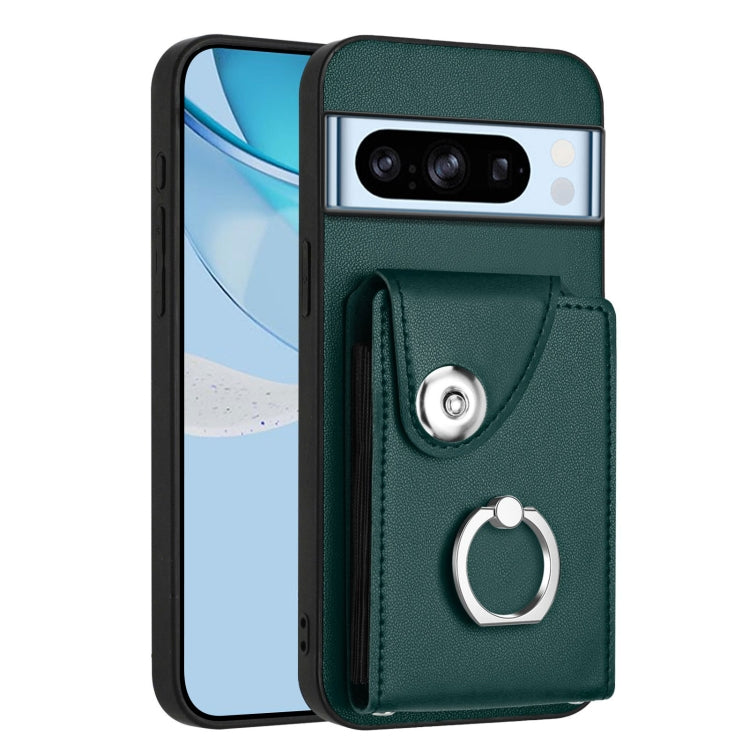 Green phone case with card holder pocket and metal ring attachment for grip