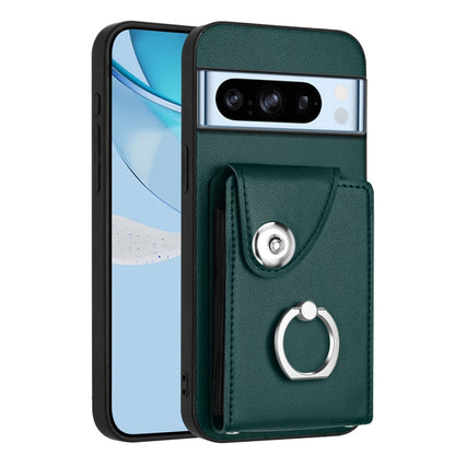Green phone case with card holder pocket and metal ring attachment for grip