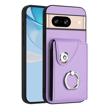 Purple phone case with card holder pocket and metal ring attachment for grip