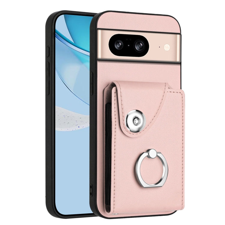 Pink phone case with card holder pocket and metal ring attachment for grip