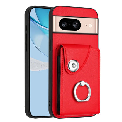 Red phone case with camera cutout, card holder pocket, and metal ring grip