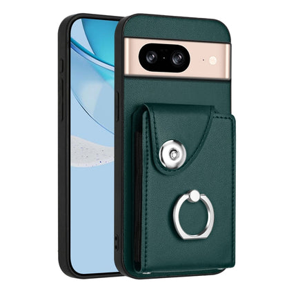Green phone case with camera cutout, card holder pocket, and metal ring grip