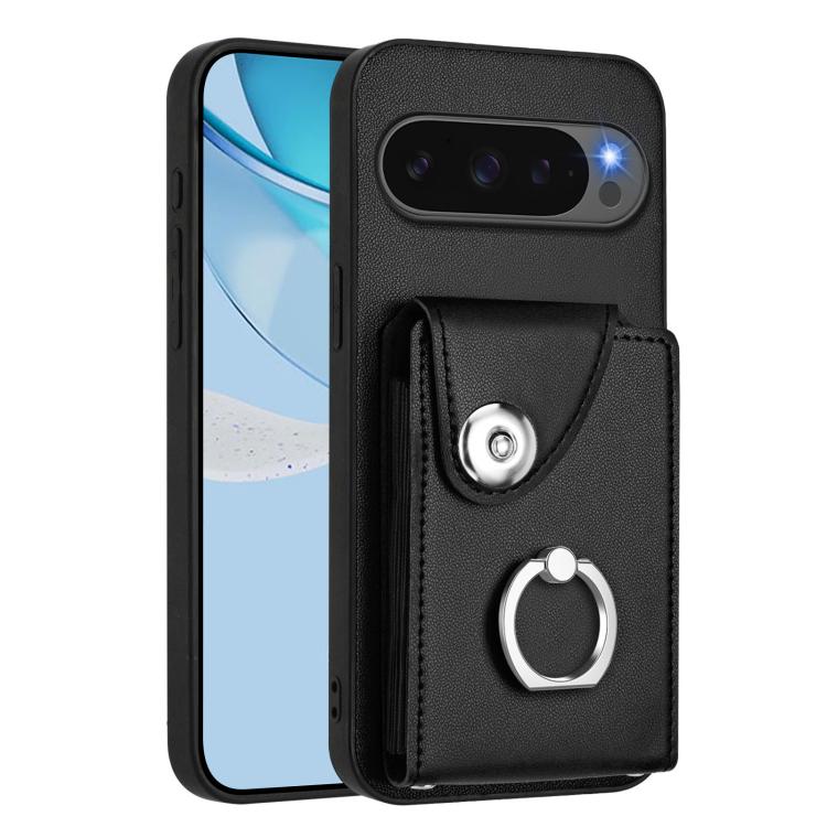Black phone case with front card holder flap and metal ring stand