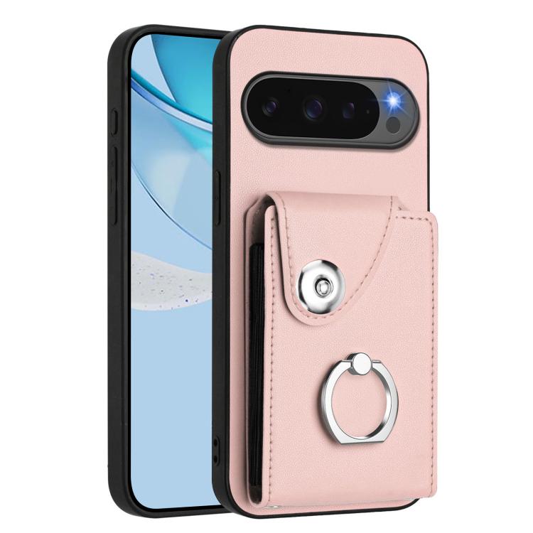 Light pink phone case with front card holder flap and metal ring stand