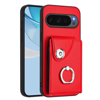 Red phone case with textured finish, card slot flap, and metal ring stand