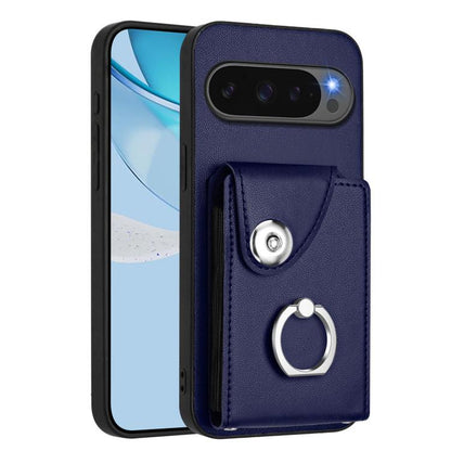 Blue phone case with card slot and ring holder, built-in magnet snap tab