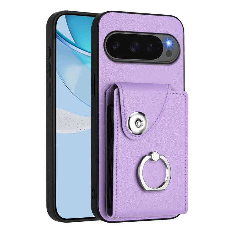 Purple phone case with card pocket and ring holder, built-in magnet snap tab