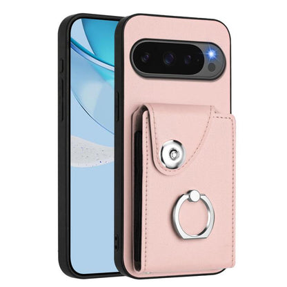 Pink phone case with card pocket and ring holder, built-in magnet snap tab