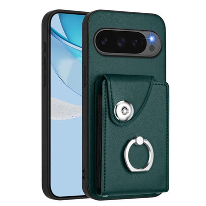 Dark green phone case with front card holder flap and metal ring stand