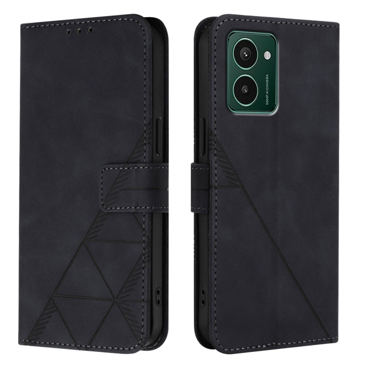 Black flip leather crossbody phone case with geometric embossed panel and stitched edges