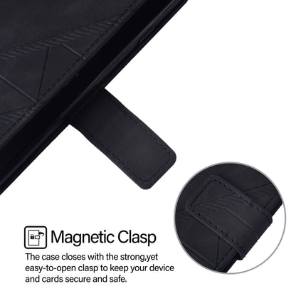 Black flip leather phone case with magnetic clasp closure and embossed side panel