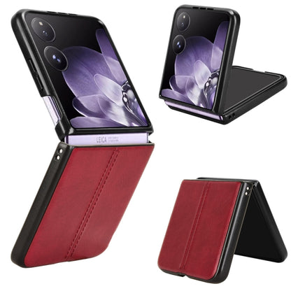 Flip-style sewing back phone case with red faux-leather flap and black edges