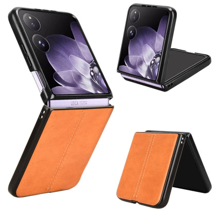 Folding phone case with faux leather back and orange interior flap for dual-screen phones