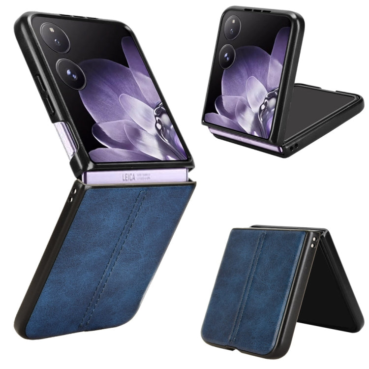 Folding phone case with faux leather back and blue interior flap for dual-screen phones