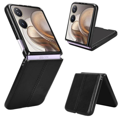 Folding phone case with black faux leather back and tan interior flap for dual-screen phones