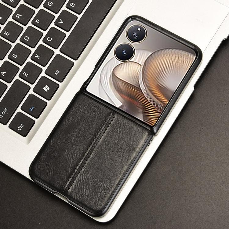 Black folding phone case with faux leather texture and interior card-sleeve design