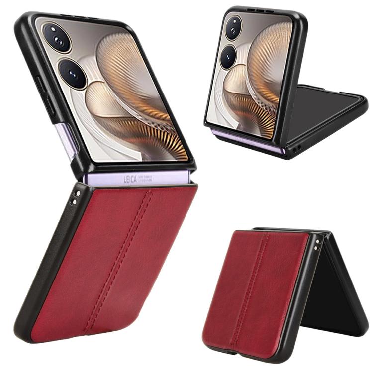 Flip-style sewing back phone case with red faux-leather flap and black edges