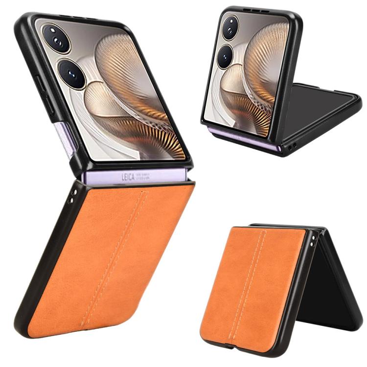 Flip-style sewing back phone case with orange faux-leather flap and black edges