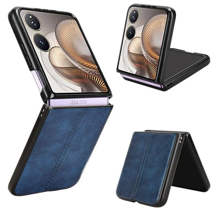 Flip-style sewing back phone case with blue faux-leather flap and black edges