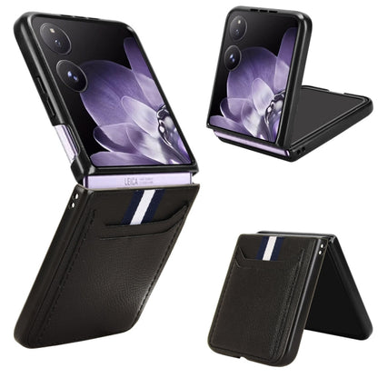 Card-slot phone case with litchi texture, black with flip cover and striped accent.