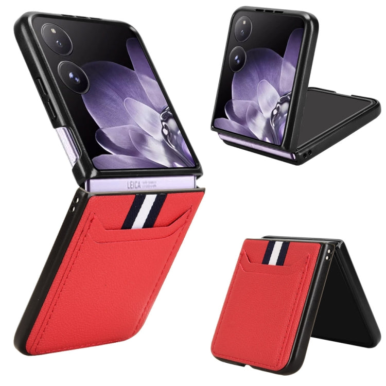 Card-slot phone case with litchi texture, red flip cover and striped accent.