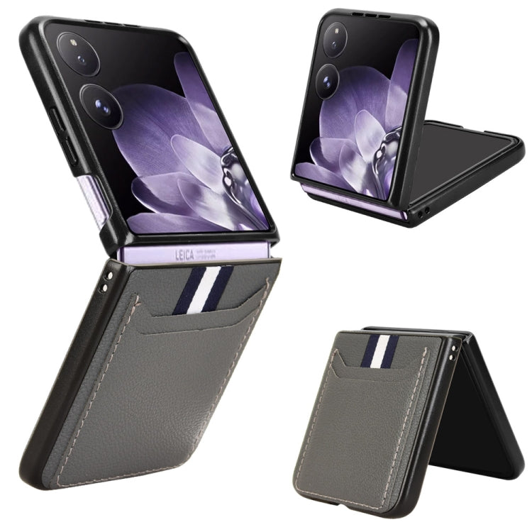 Card-slot phone case with litchi texture, gray flip cover and striped accent.