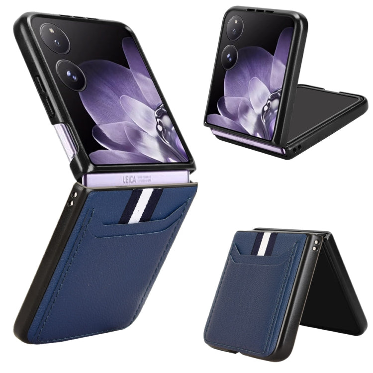 Card-slot phone case with litchi texture, blue flip cover and striped accent.