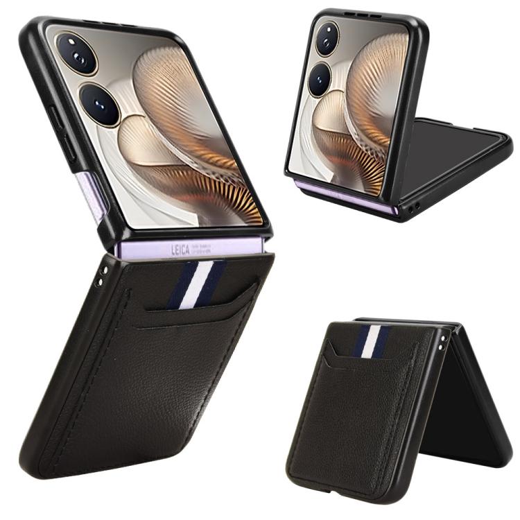 Litchi-texture card-slot phone case with flip cover, black finish and viewing stand