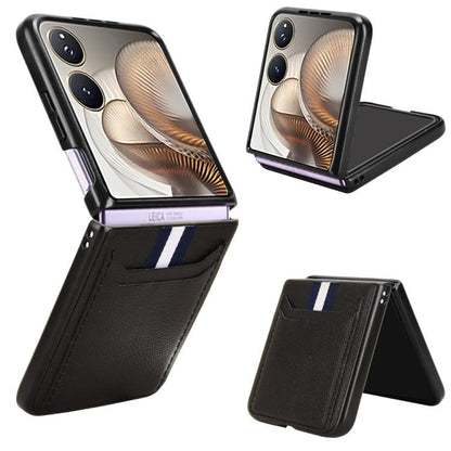 Litchi-texture card-slot phone case with flip cover, black finish and viewing stand
