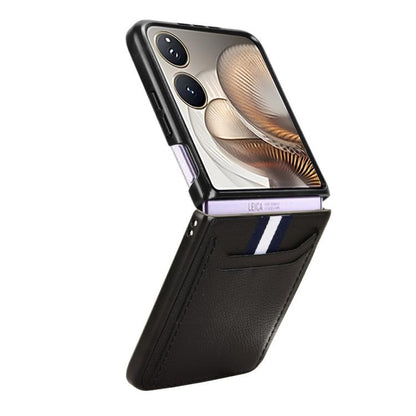 Litchi-texture card-slot phone case with flip cover, black leather-look with side strap